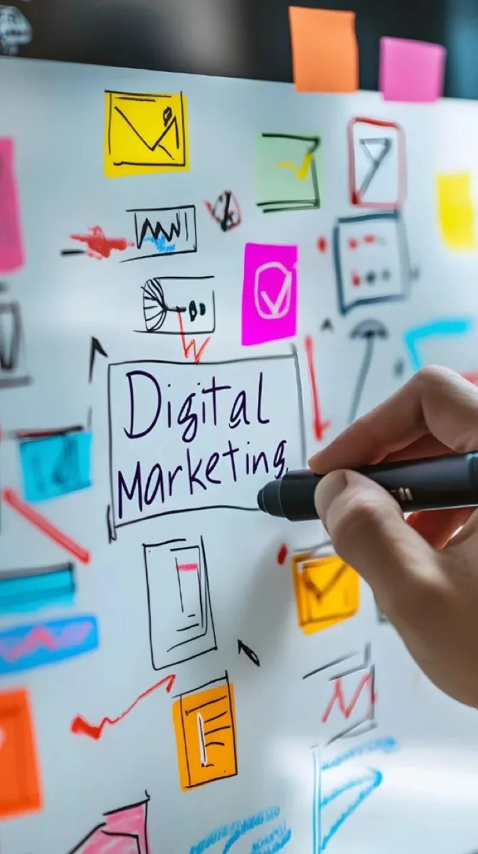 Digital-Marketing-Planung auf einer Glasfläche mit Strategie-Skizzen und Haftnotizen