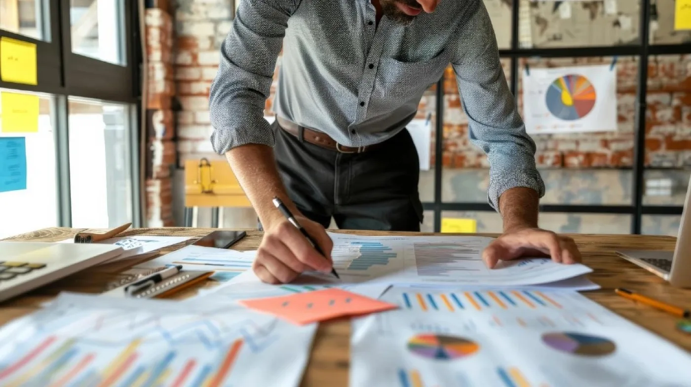 Marketing-Experte analysiert Datenberichte und Grafiken für datenbasierte Entscheidungen