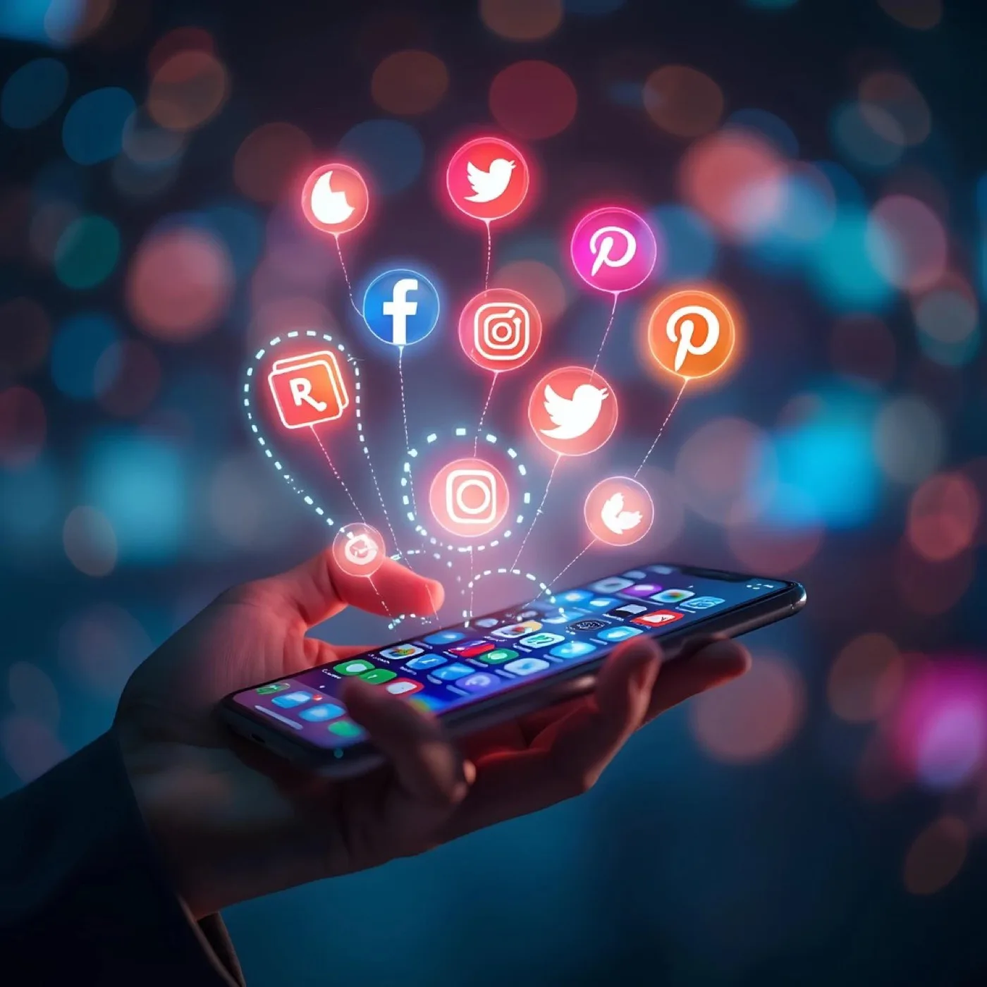 Mano che tiene uno smartphone con icone luminose dei social media come Facebook, Instagram e Pinterest davanti a uno sfondo urbano sfocato