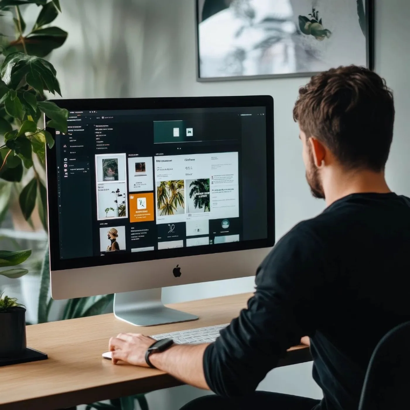 Web designer che lavora a un sito web su un iMac in un ufficio luminoso con piante d'appartamento