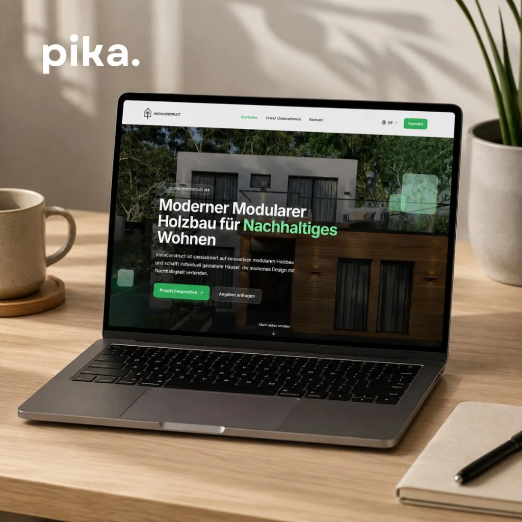 Instaconstruct website on a laptop — modular timber construction and sustainable modular homes by Pika Marketing