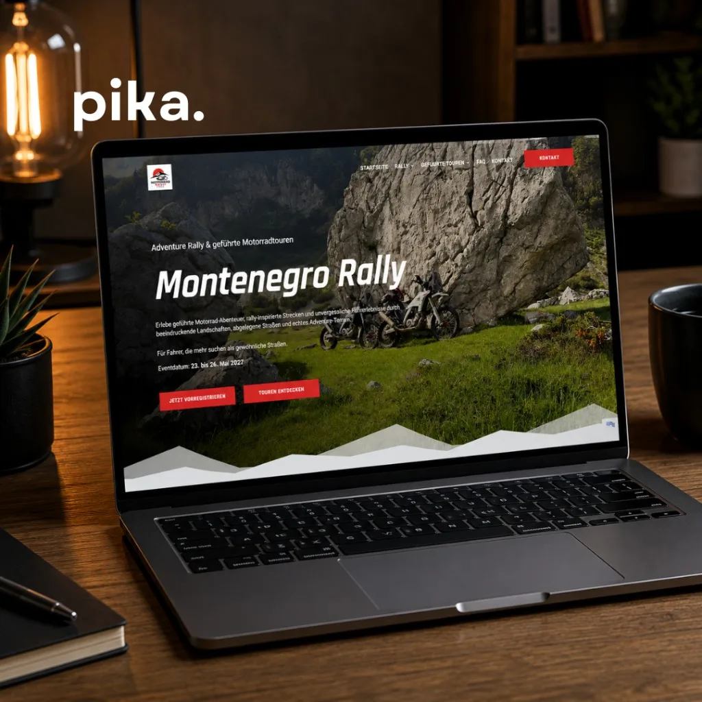 Montenegro Rally Event-Website auf einem Laptop — Adventure Rally und Motorradtouren von Pika Marketing